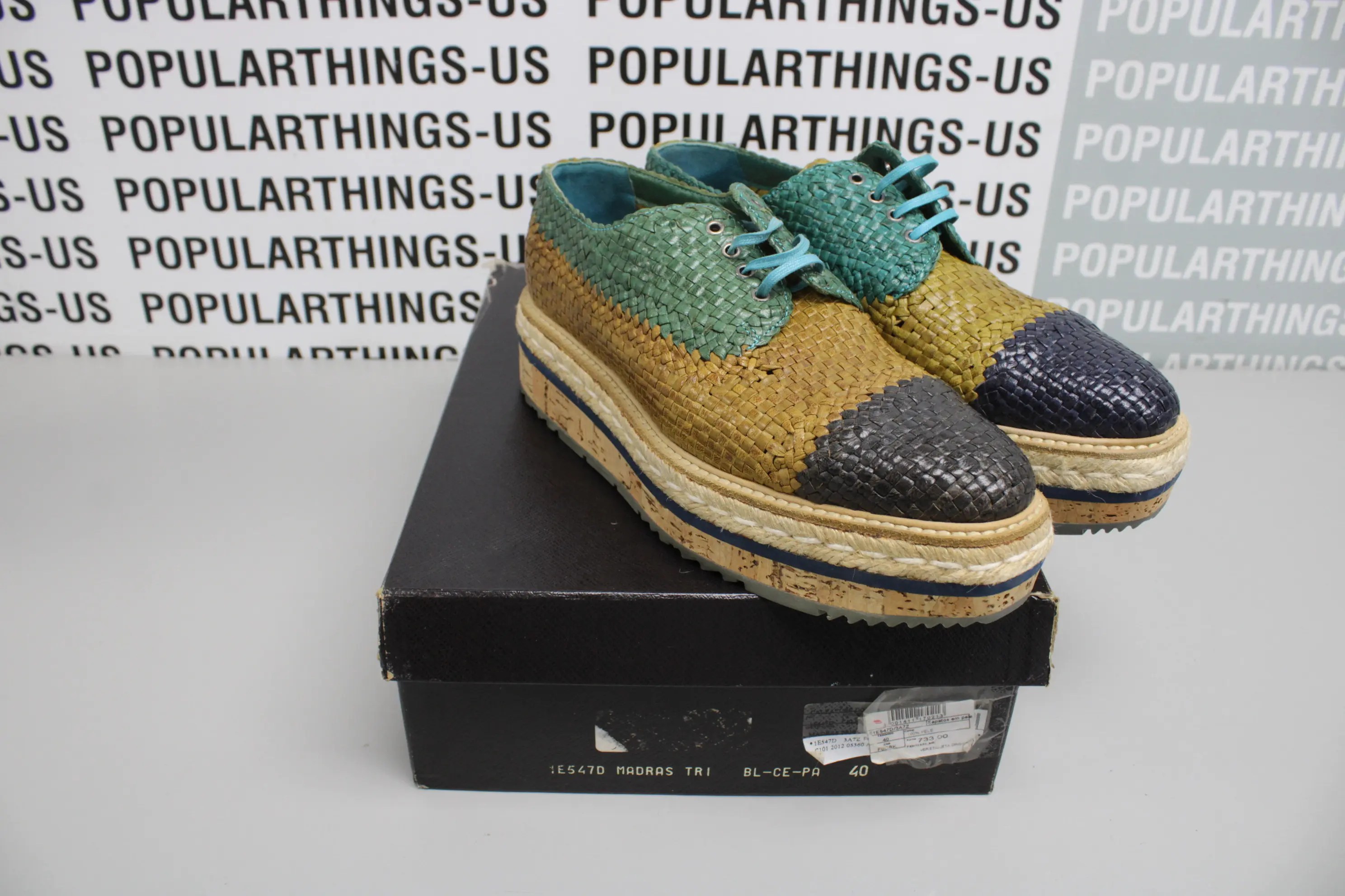 Prada Prada Tri Color Woven Leather Blue Platform Oxfords Sz 40/10