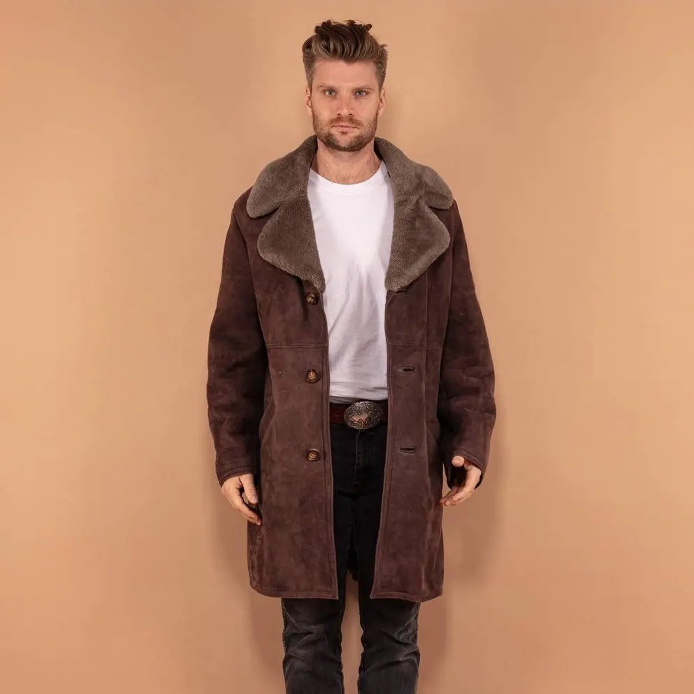 Sheepskin Coat Vintage 70's Men Classic Sheepskin Suede Coat in Brown