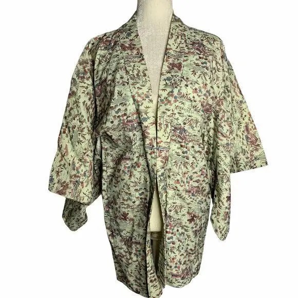 Vintage Vintage Floral Kimono Short Robe Jacket M Light Green Floral