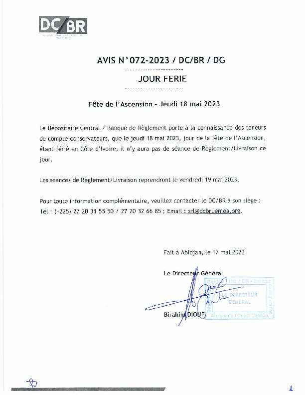 Avis N°063/DCBR/2023 Jour férié, fête de l’Ascension Jeudi 18 mai