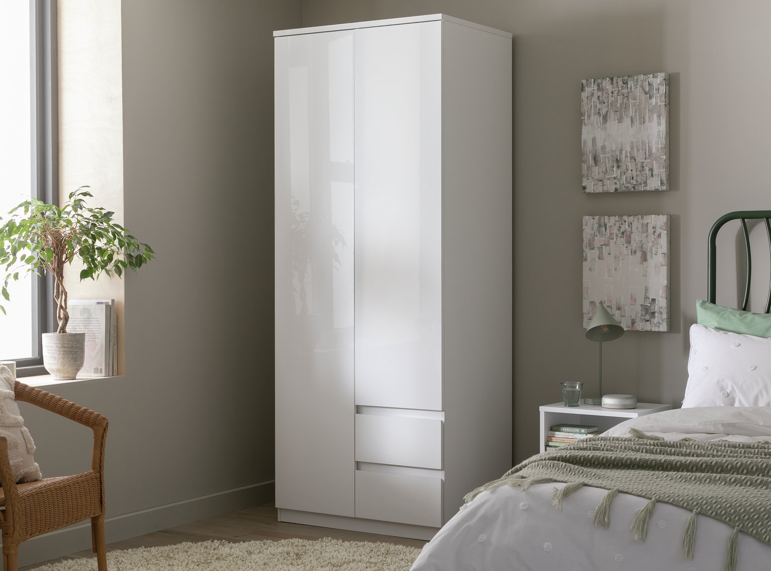 Habitat Jenson 2 Door 2 Drawer Tall Wardrobe White Gloss (2720364