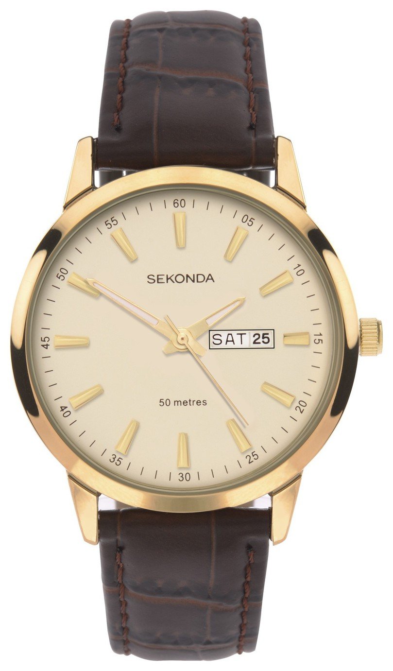 Sekonda Men's Gold Plated Case Brown Leather Strap Watch (4087610