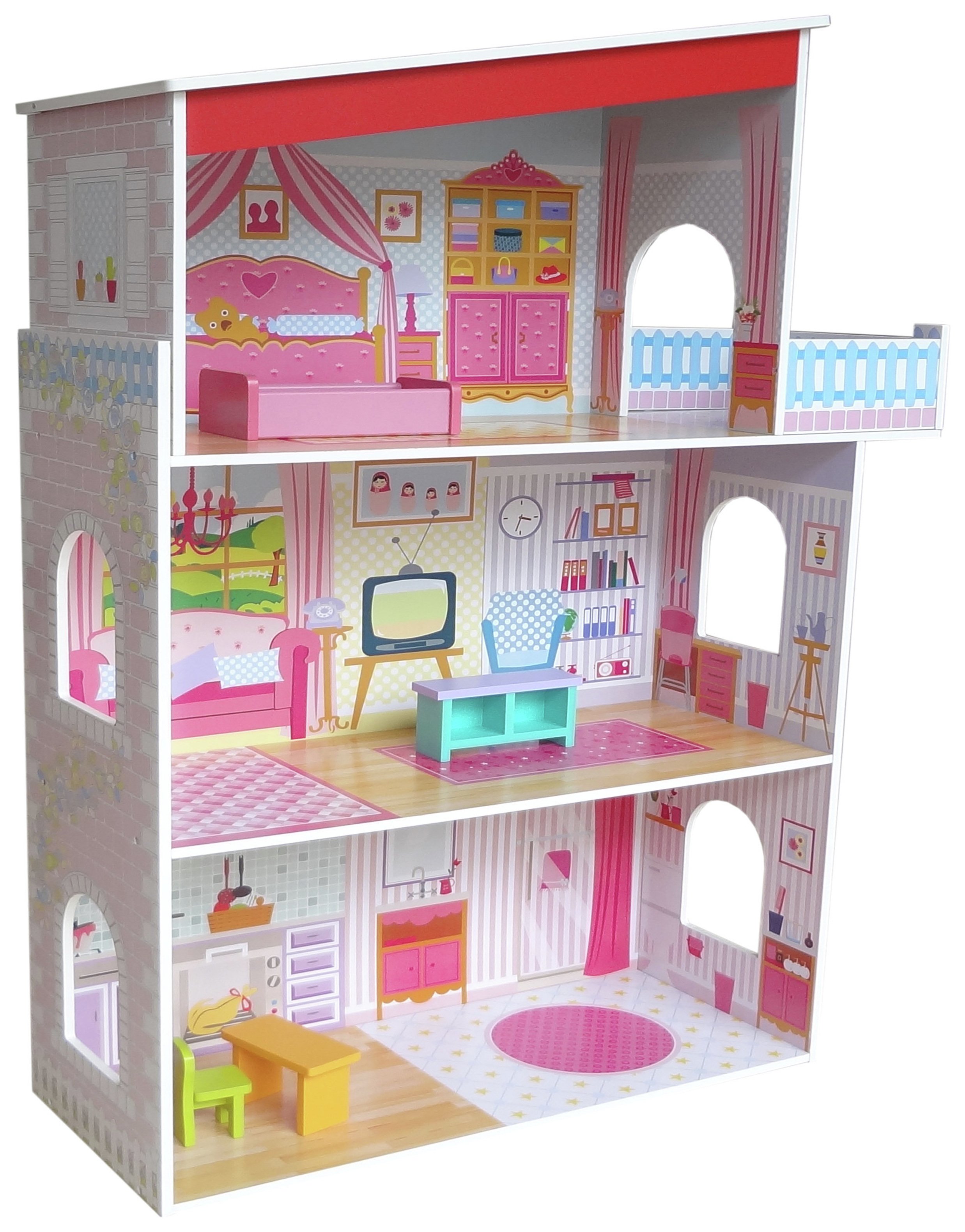 Kiddi Style Three Storey Wooden Mansion Dolls House (7455524) Argos