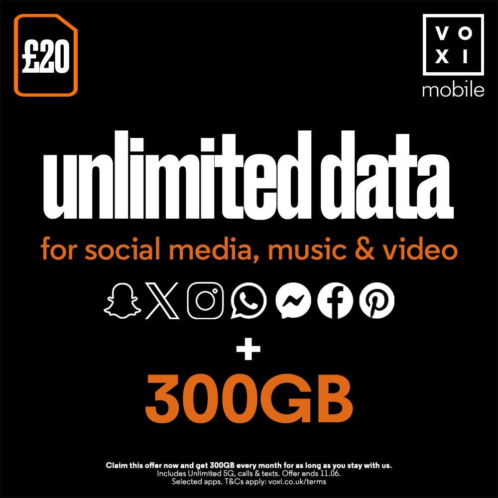 VOXI 300GB 30 Day Pay As You Go SIM Card 1st month included (8018575