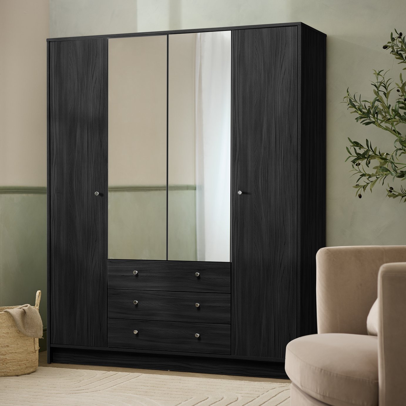 Argos Home Malibu 4Dr 3 Drw Mirror WardrobeBlack Oak Effect (8897693