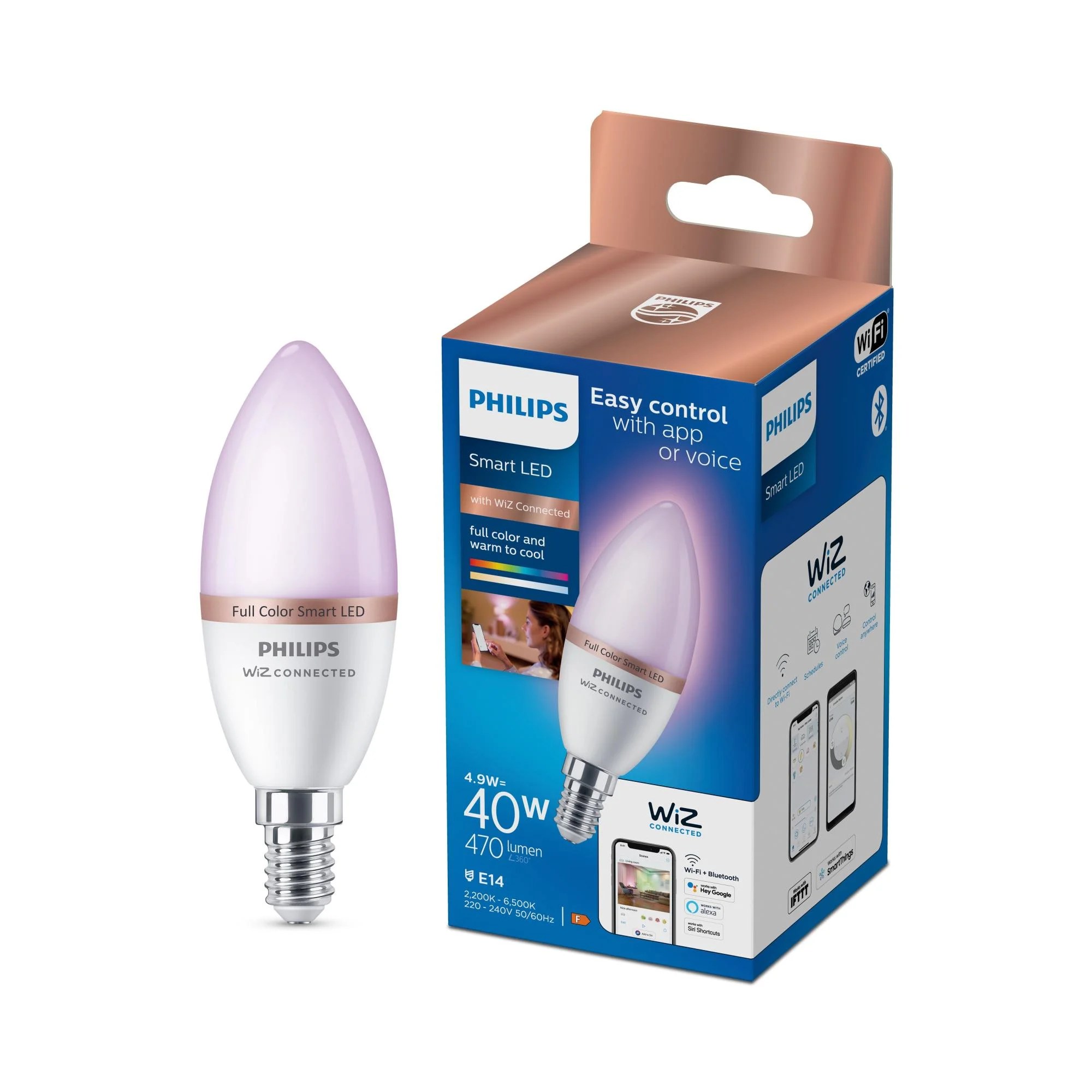 Ampoule led connectée flamme E14, 470Lm, couleur changeante, PHILIPS