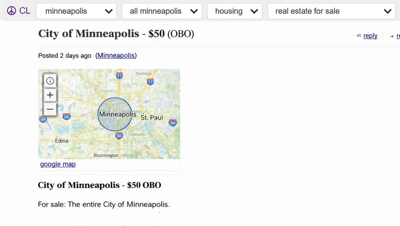 U.S. Posts Minneapolis On Craigslist (50 OBO) Babylon Bee