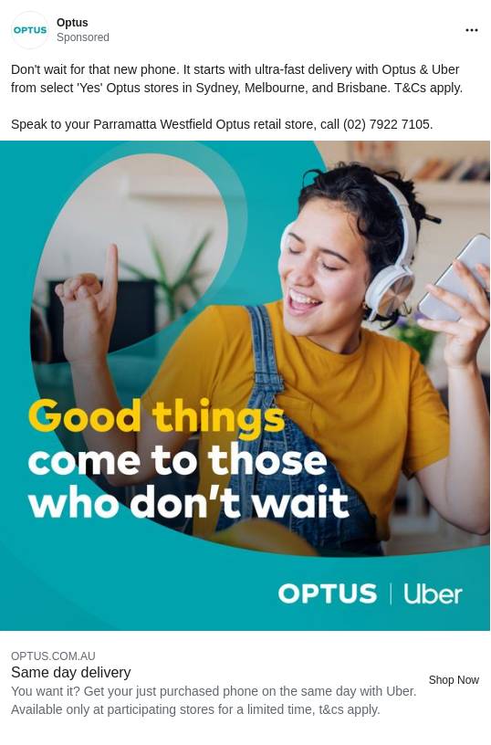 Same day phone delivery with Uber Optus Ad Bigdatr