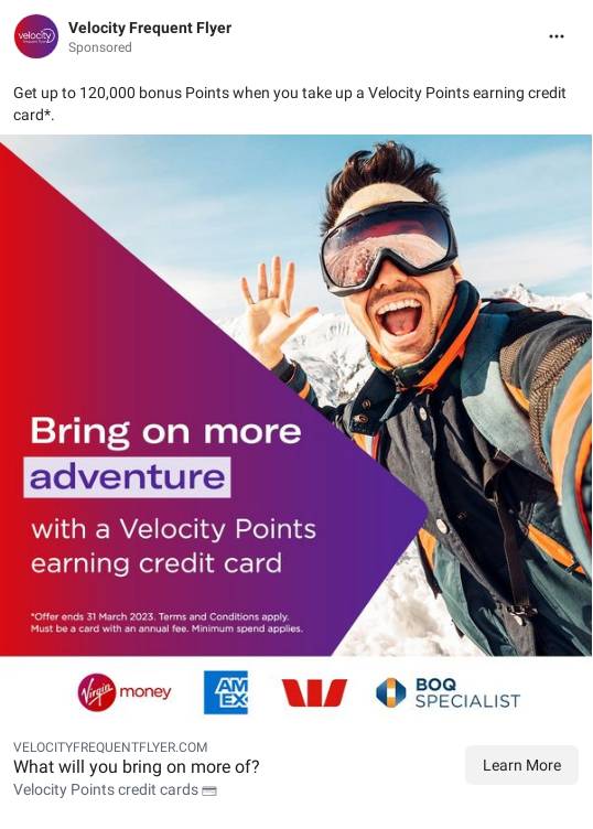 Velocity Points earning Credit Card benefit Selection Ad Bigdatr