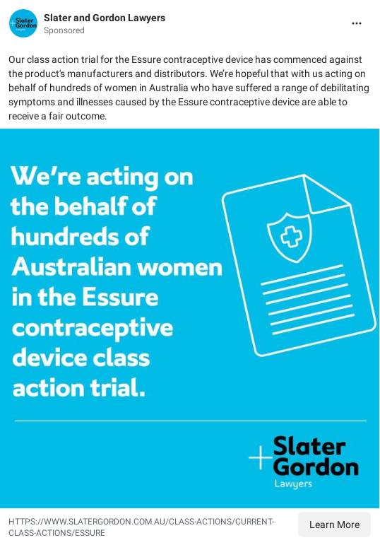Essure Class Action Slater and Gordon Ad