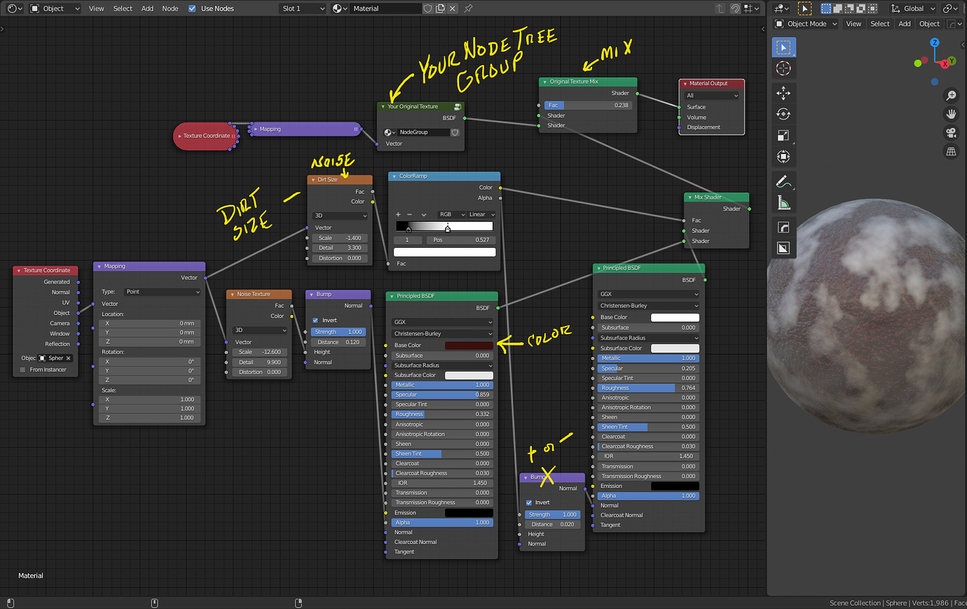 Dirty wall procedural texture, how do I add dirt? Materials and