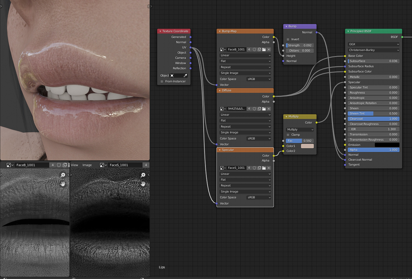 How do I to get wet skin and lips Materials and Textures Blender