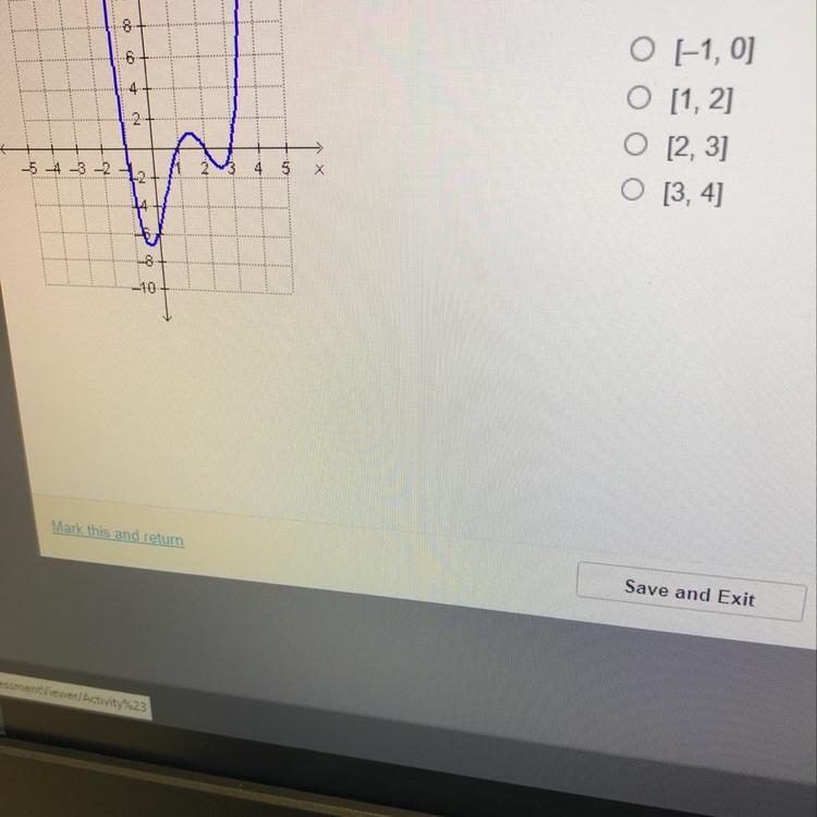 Which interval for the graphed function contains the local maximum 