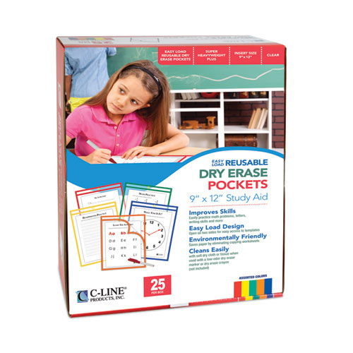 Reusable Dry Erase Pockets, Easy Load, 9 X 12, Assorted Primary Colors