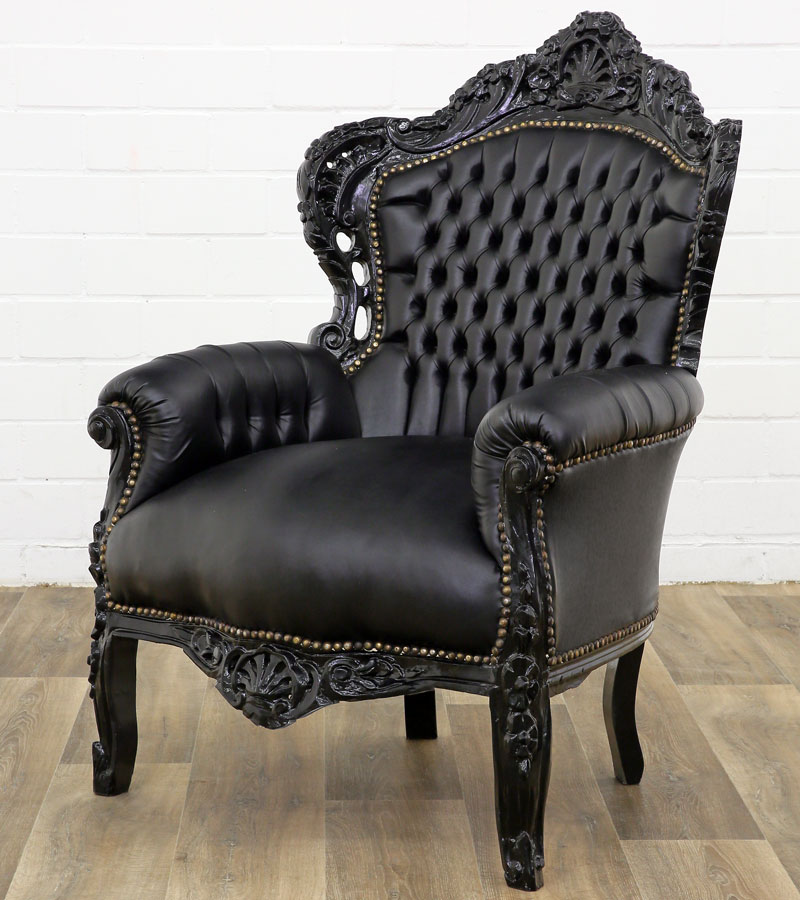Fauteuil baroque royal en bois similicuir noir Stockholm