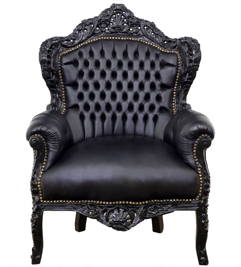 Fauteuil baroque royal en bois similicuir noir Stockholm