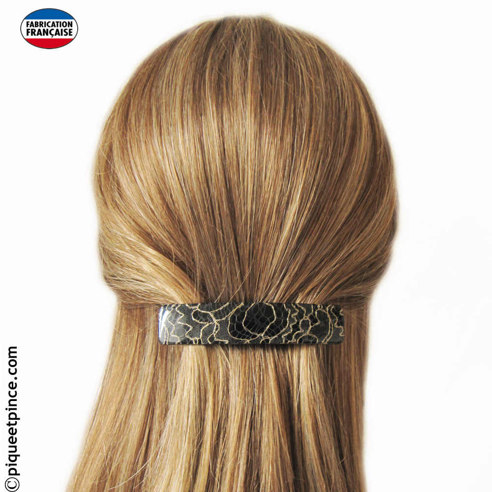 Barrette cheveux noir filets or fait main, fabrication Française