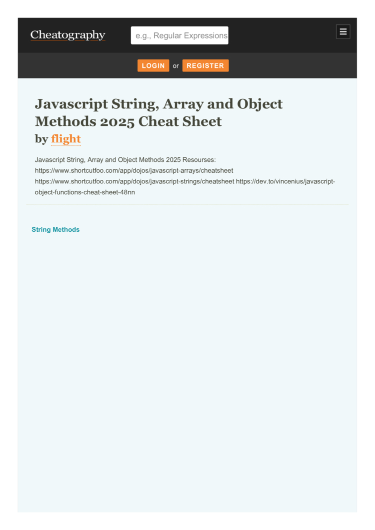 Javascript String, Array and Object Methods 2022 Cheat Sheet by flight