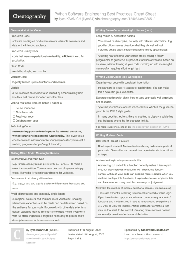 Python Software Engineering Best Practices Cheat Sheet by ilyes64