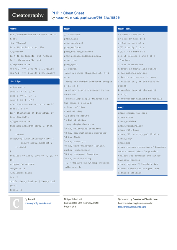 PHP 7 Cheat Sheet by karael Download free from Cheatography