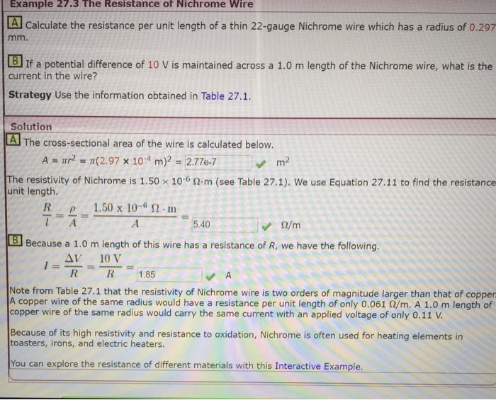 Solved Example 27.3 The Resistance Of Nichrome Wire Calcu