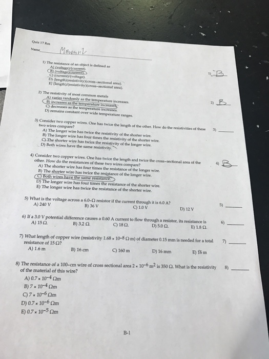 Solved The Resistance Of An Object Is Defined As A) (volt