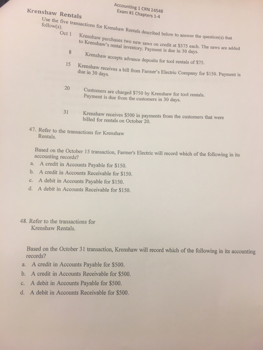 Solved Accounting 1 CRN 24548 Exam 1 Chapters 14 8. An