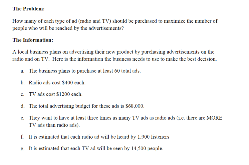 Solved The Problem How many of each type of ad (radio and