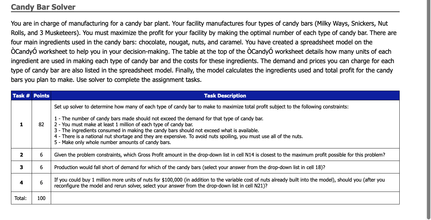 Candy Bar Solver You are in charge of manufacturing