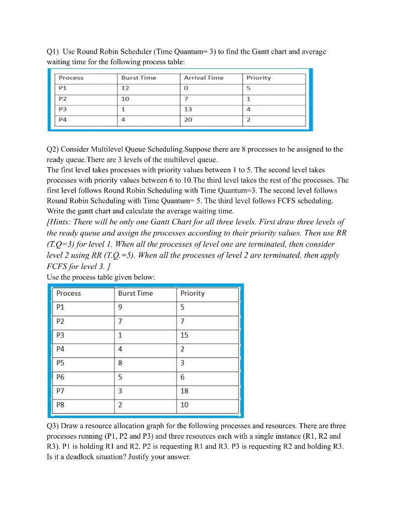Solved QI) Use Round Robin Scheduler (Time Quantum= 3) to