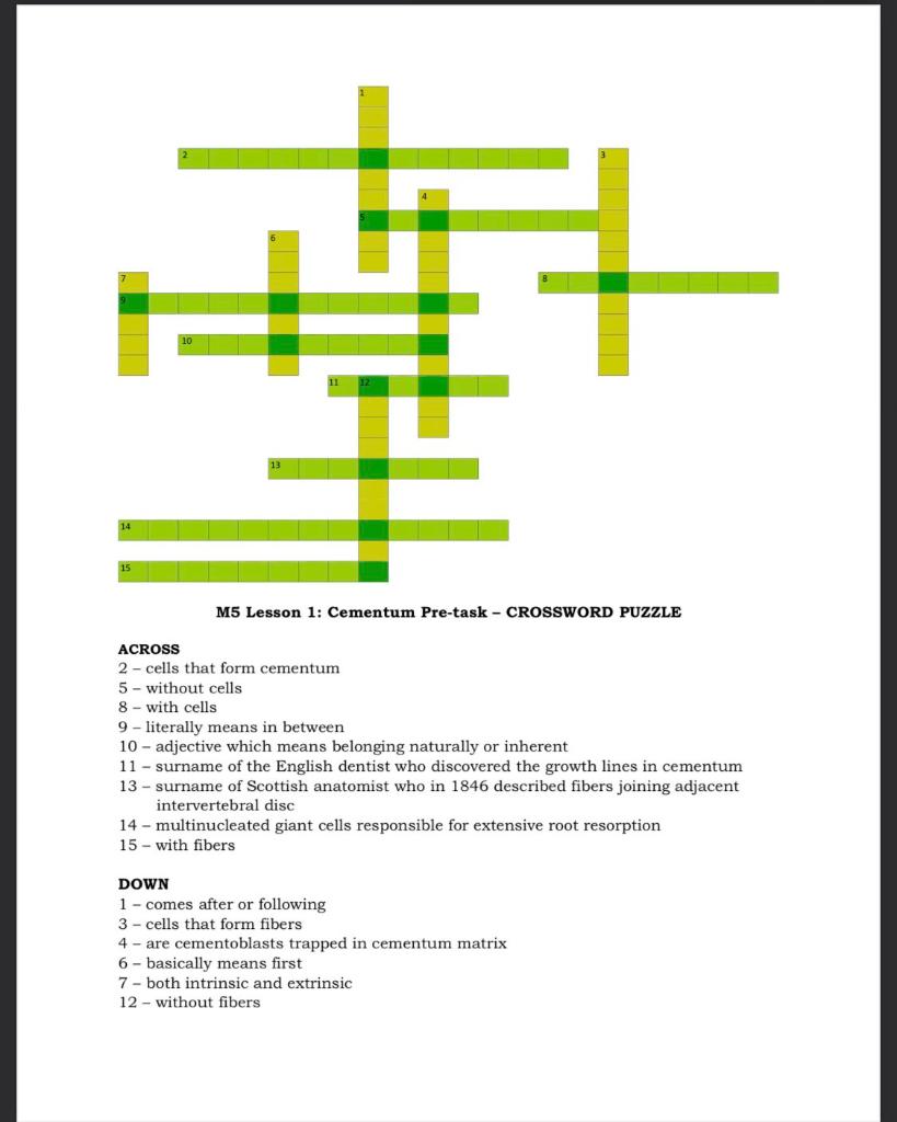 M5 Lesson 1 Cementum Pretask CROSSWORD PUZZLE