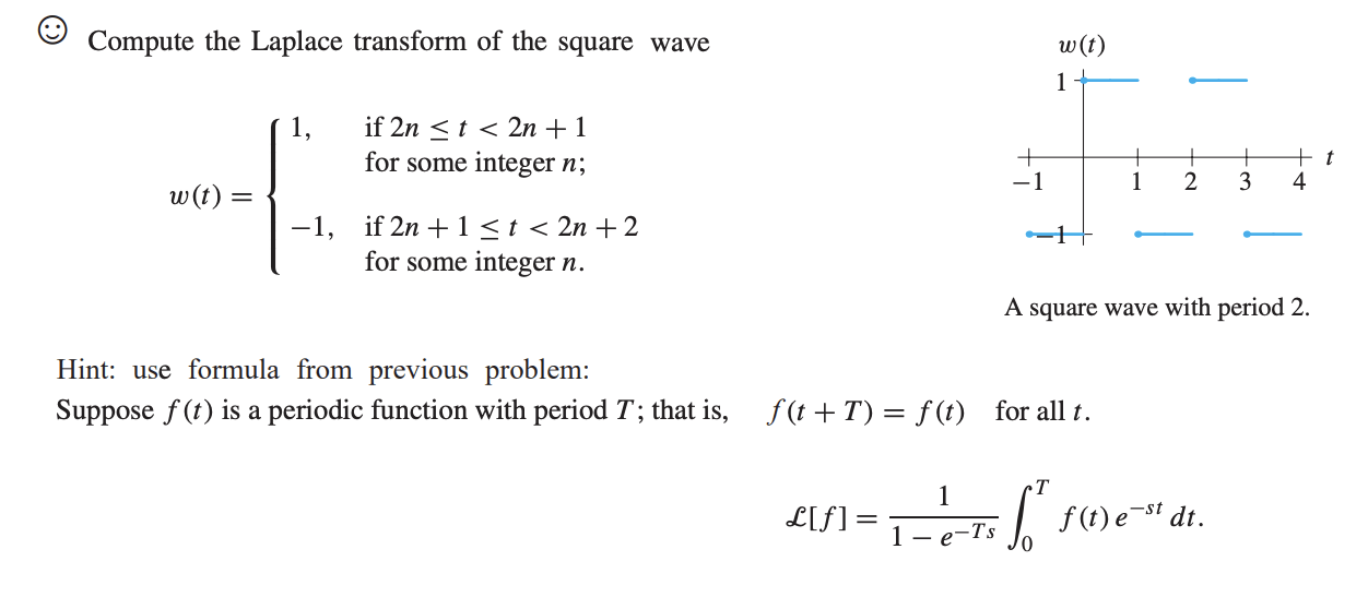 Solved Compute the Laplace transform of the square wave w(t)
