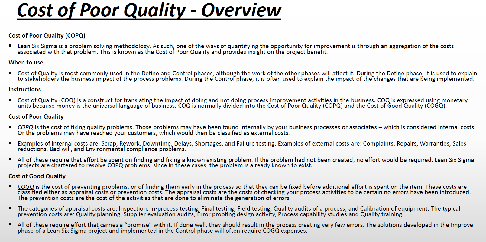 Solved Cost of Poor Quality Overview Cost of Poor Quality