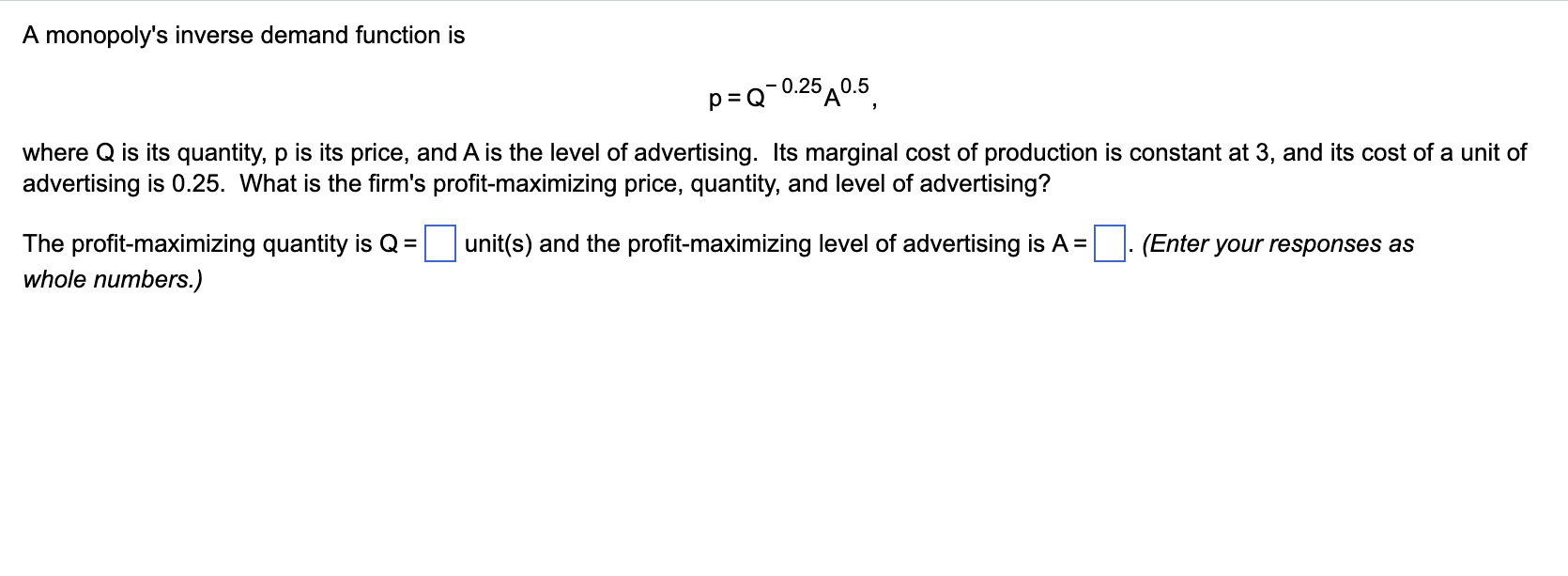 Solved A monopoly's inverse demand function