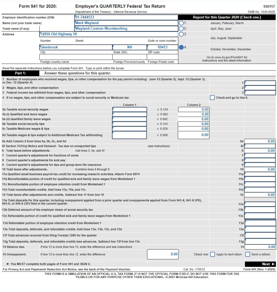 Form 941 for 2020 Employer's QUARTERLY Federal Tax