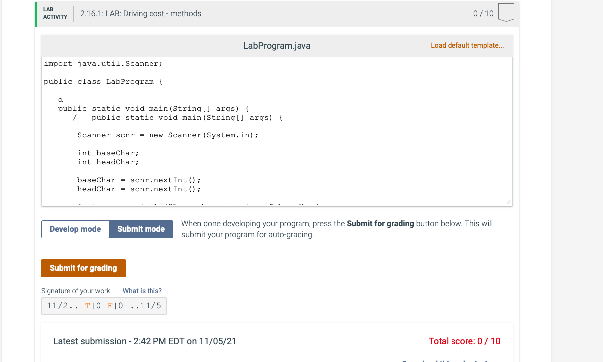 LAB ACTIVITY 2.16.1 LAB Driving costmethods 0 / 10