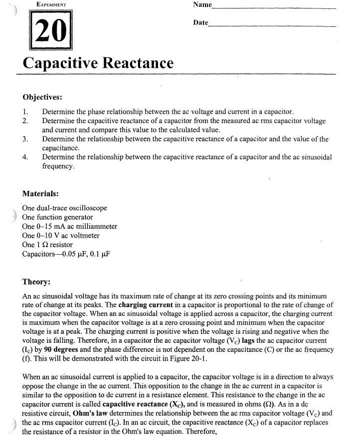 Solved EXPERIMENT Name Date 20 Capacitive Reactance