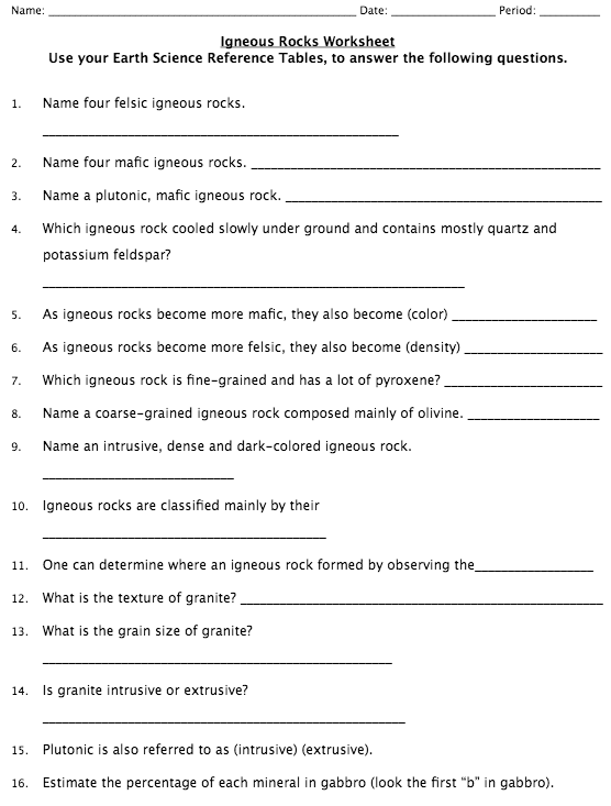 Solved Name Date Period Igneous Rocks Worksheet Use your