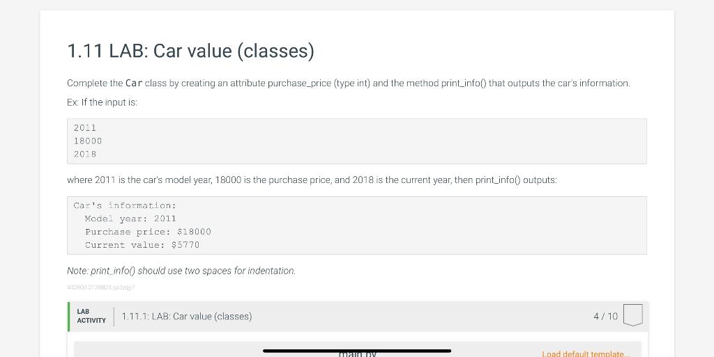 Solved 1.11 LAB Car value (classes) Complete the Car class