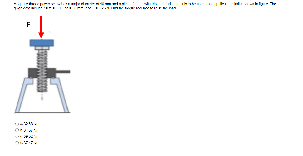 Solved A squarethread power screw has a major diameter of