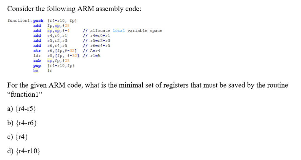 Solved Consider the following ARM assembly code function1