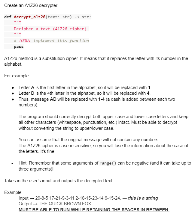 Solved Create an A1Z26 decrypter def decrypt_a1z26(text