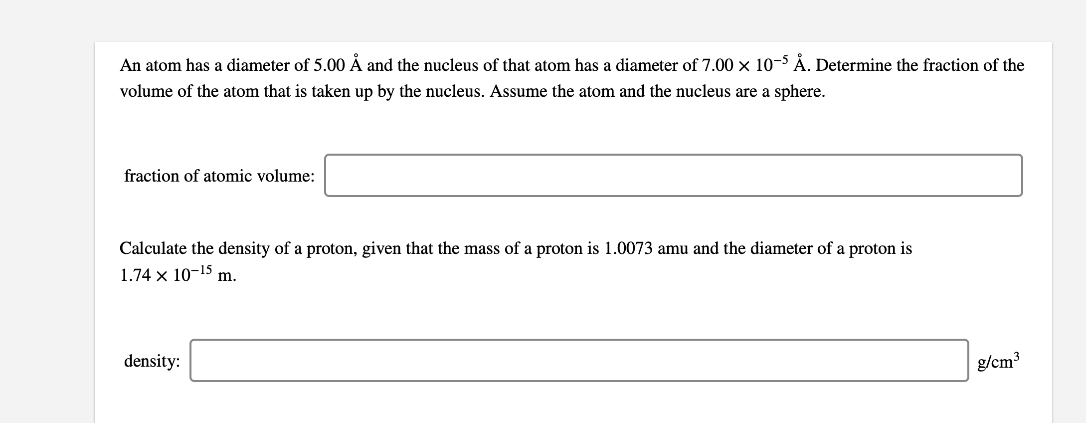 Solved An atom has a diameter of 5.00 Å and the nucleus of