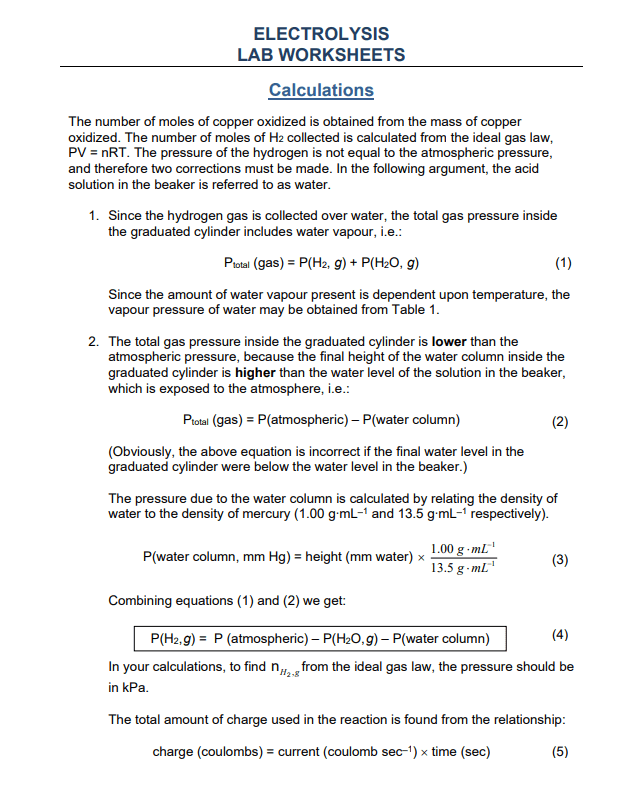 Solved ELECTROLYSIS LAB WORKSHEETS Calculations The number