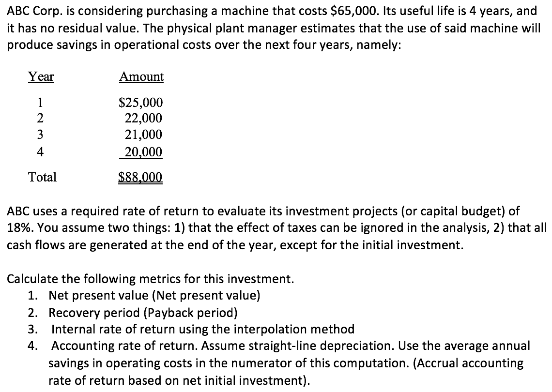 Solved ABC Corp. is considering purchasing a machine that