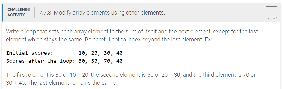 CHALLENGE ACTIVITY 7.7.3 Modify array elements using