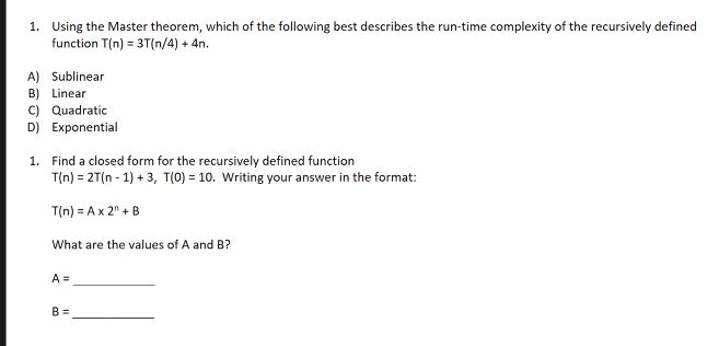 Solved 1. Using The Master Theorem, Which Of The Following | Chegg.com