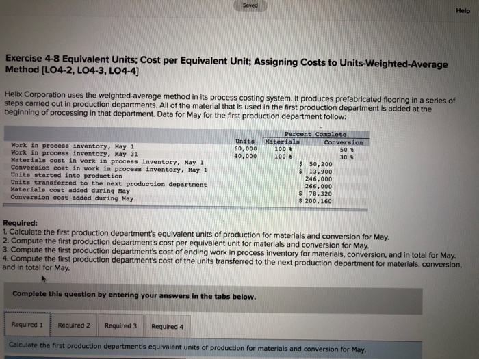 Saved Help Exercise 48 Equivalent Units; Cost per