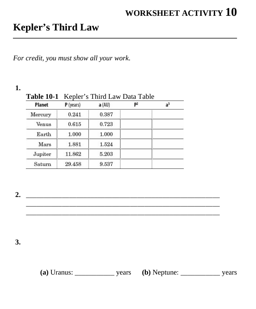 Solved WORKSHEET ACTIVITY 10 Kepler's Third Law For credit, | Chegg.com