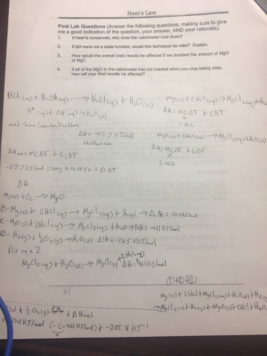 Solved Hess's Law b Questlons (Answer the following